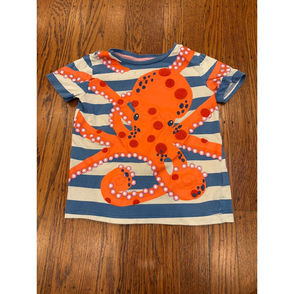 Mini Boden Kids Blue Stripe Orange Octopus Pom Pom T-Shirt Size 5-6Y